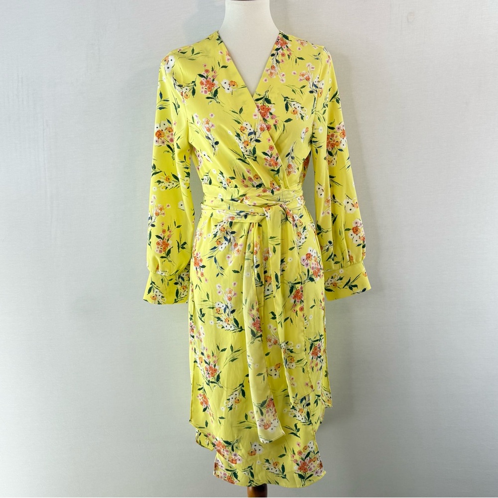 Storets Sam Vibrant Yellow Floral Midi Wrap Dress